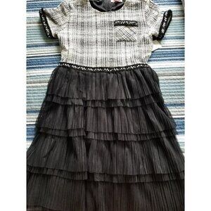BCBG GIRLS Dress Short Sleeves Metallic Tweed Bodice Black Layered Net Skirt 16
